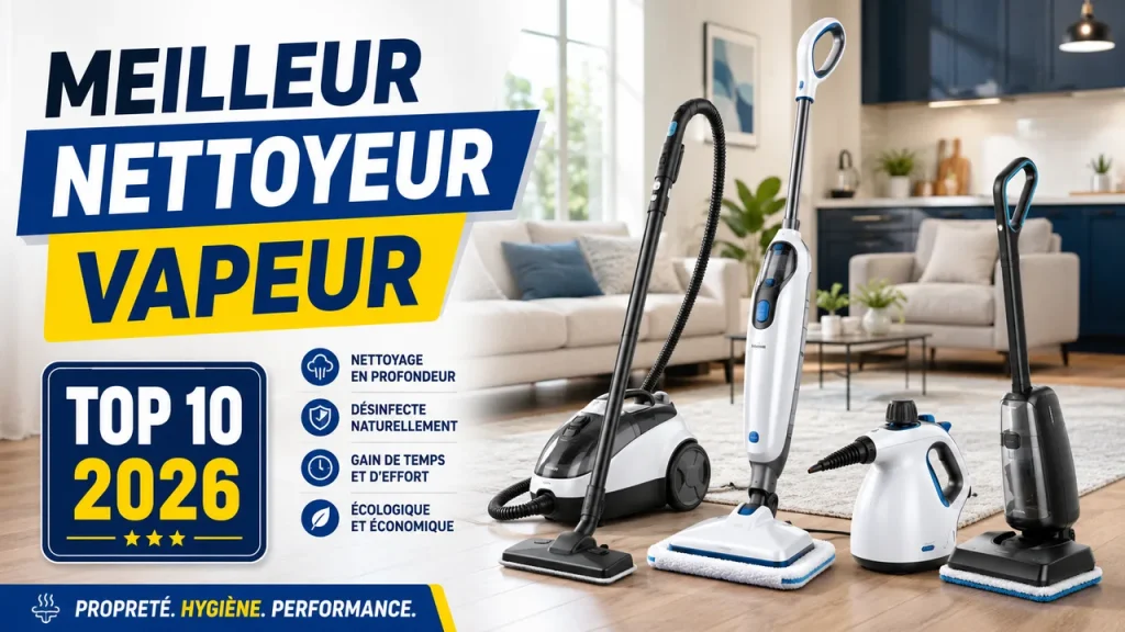 Comparatif des meilleurs nettoyeurs vapeur 2026 avec plusieurs modèles présentés dans un intérieur moderne