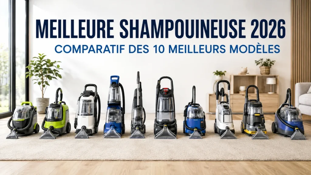 Shampouineuse nettoyant un canapé en tissu dans un salon lumineux pour le comparatif 2026