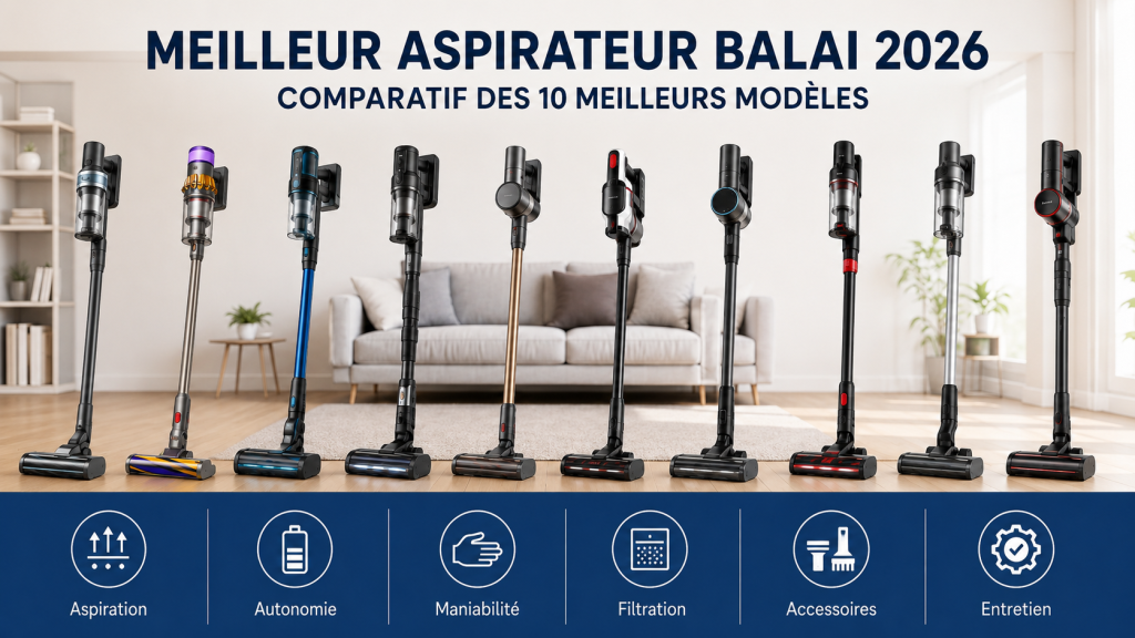 Comparatif des 10 meilleurs aspirateurs balais 2026 avec plusieurs modèles sans fil présentés dans un intérieur moderne