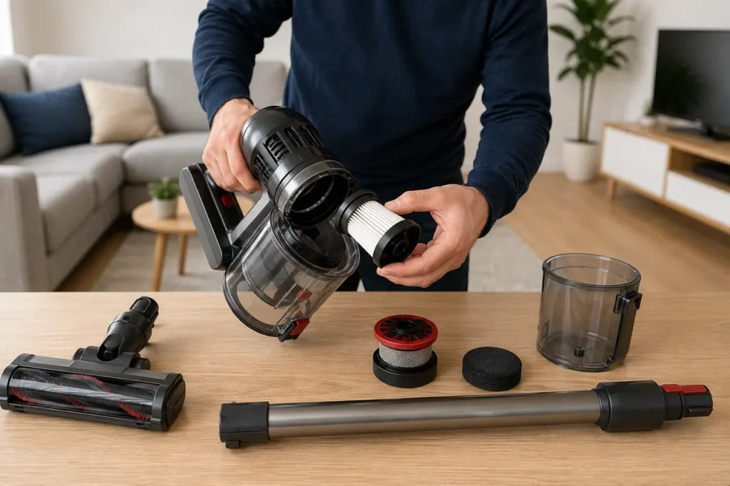Entretien du filtre, du bac et de la brosse d’un aspirateur balai