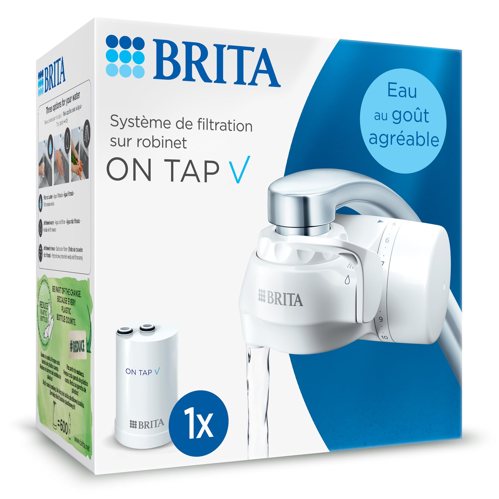 BRITA ON TAP V, filtre eau robinet blanc monté sur robinet de cuisine