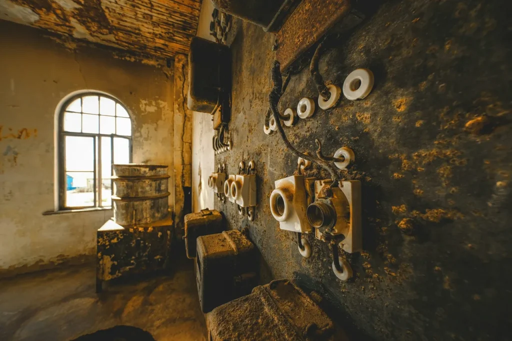 Pièce avec mur humide et traces de moisissure dans une maison