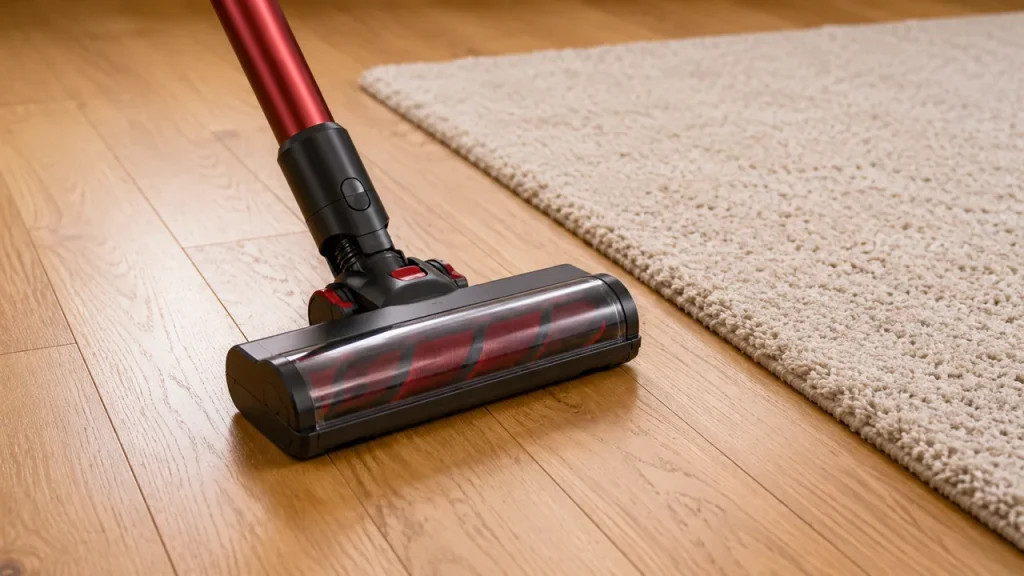 Aspirateur balai puissant nettoyant un parquet près d’un tapis