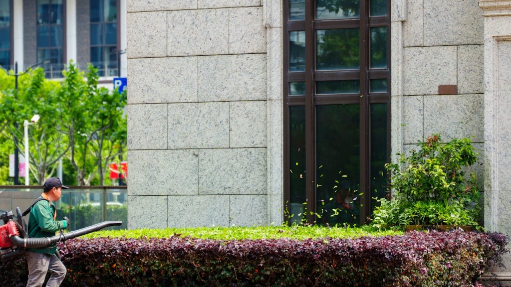 Jardinier utilisant un souffleur de feuilles près de végétation