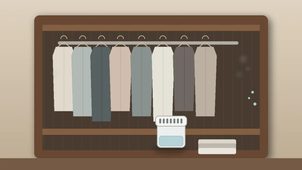 Placard humide avec absorbeur d’humidité passif sur une étagère