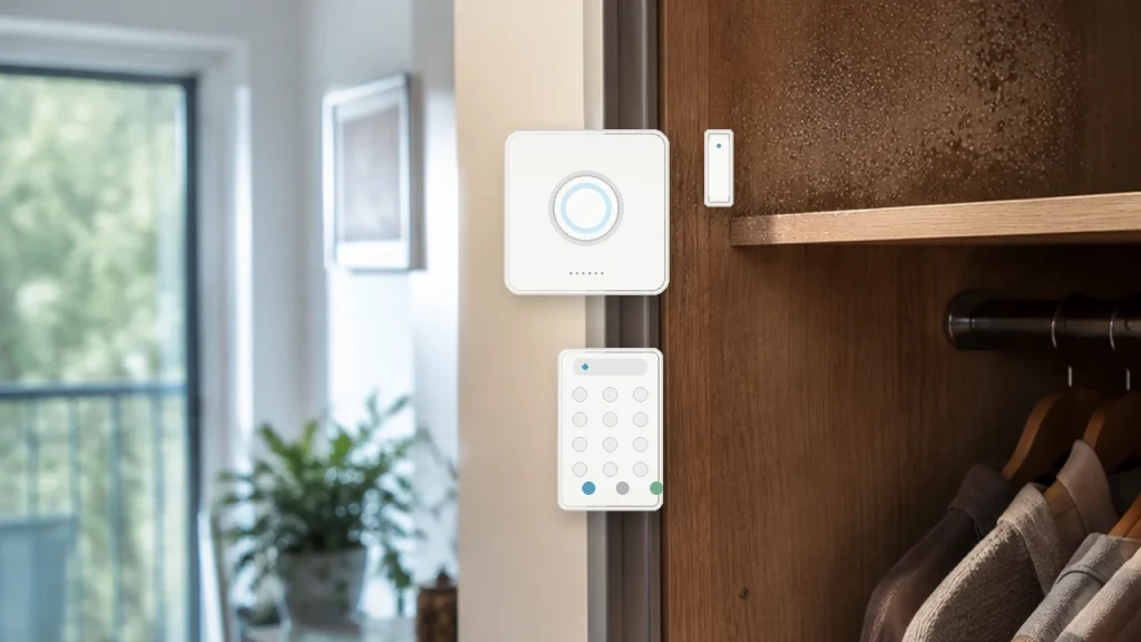 Alarme maison sans fil avec centrale, clavier et capteur dans un intérieur moderne