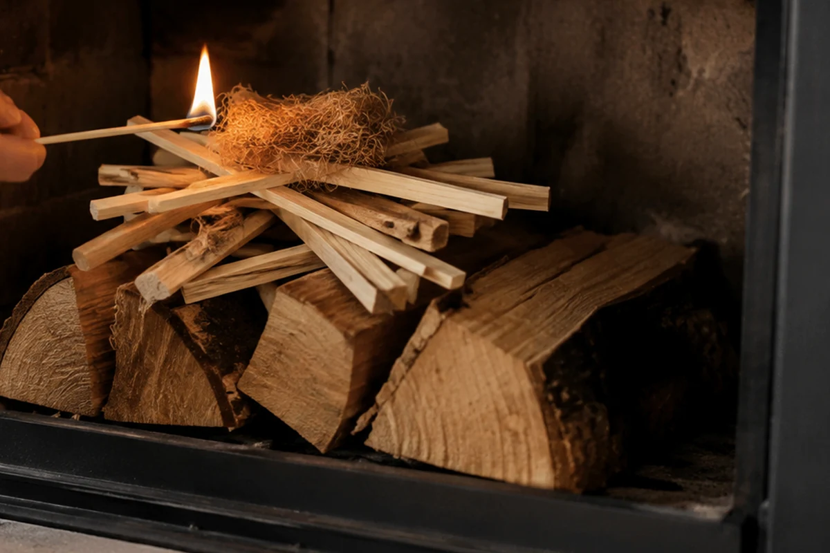 Montage de bois pour un allumage par le haut dans une cheminée