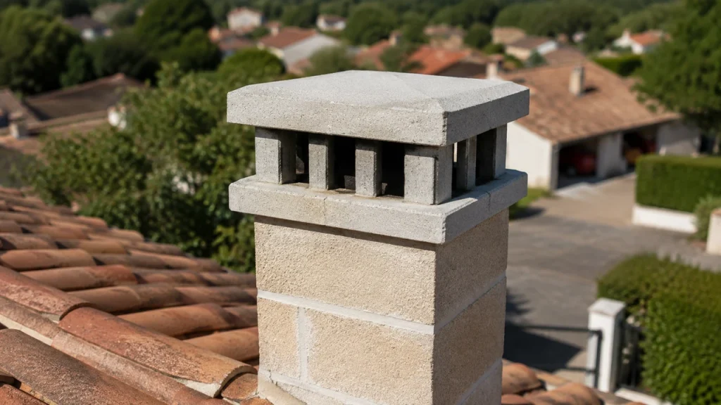 Aspirateur statique en béton installé sur un conduit de cheminée en toiture
