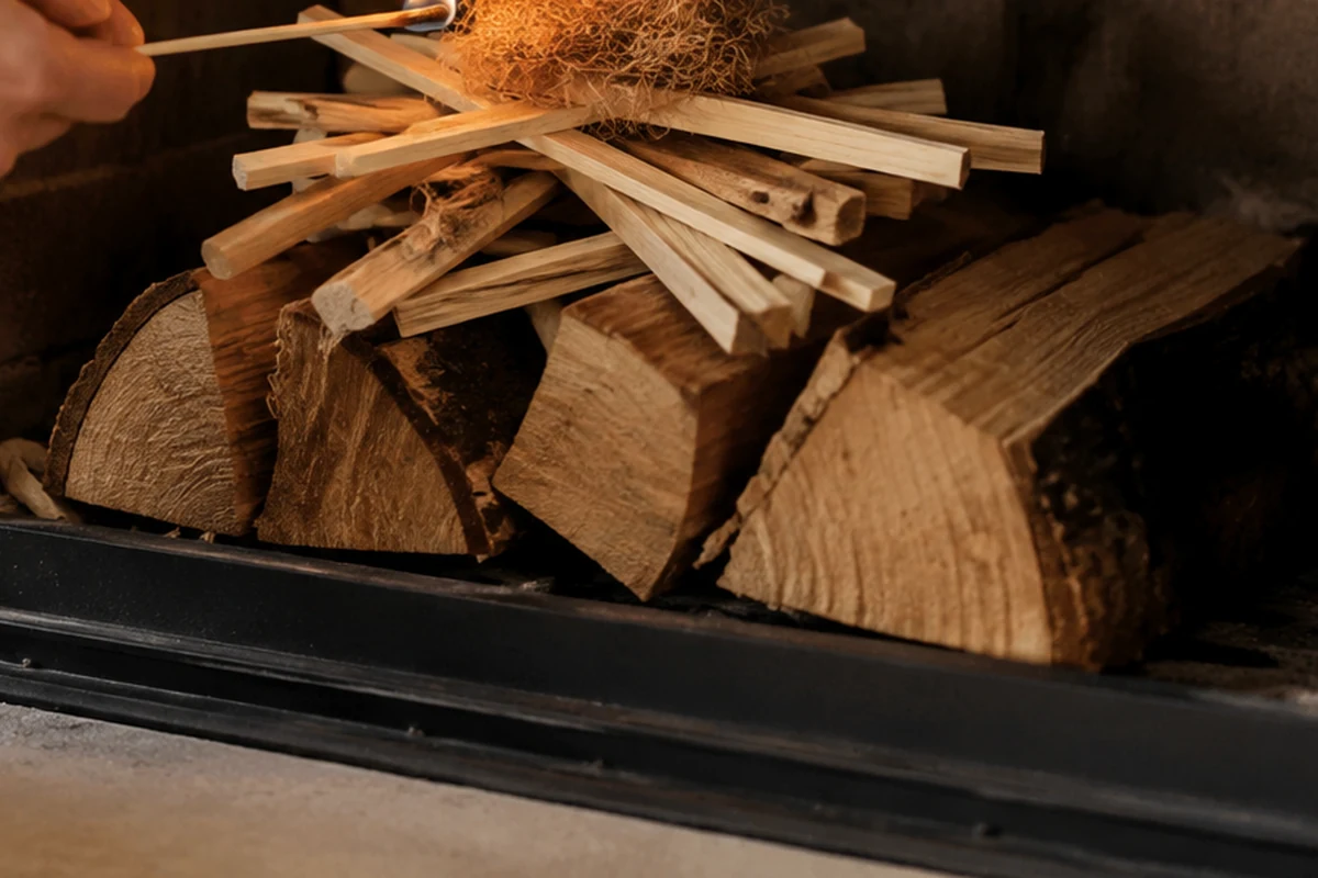 Bûches fendues et bois sec préparés pour démarrer un feu de cheminée