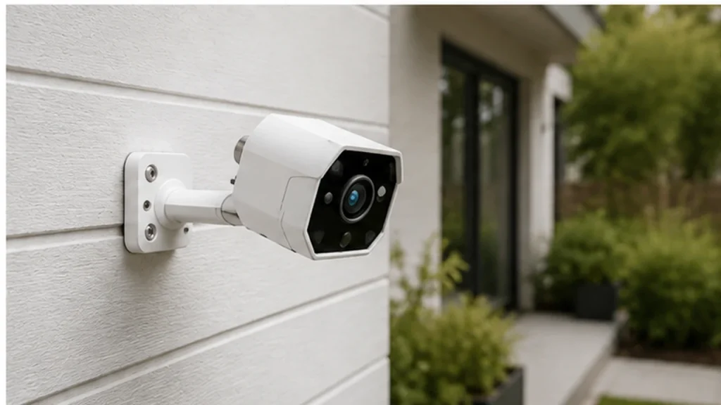 Caméra de surveillance extérieure installée sur une maison avec vue sur le jardin