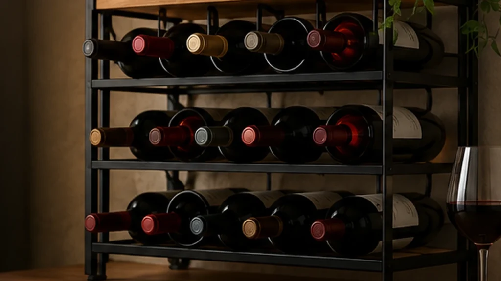 Casier à vin métallique avec bouteilles rangées horizontalement