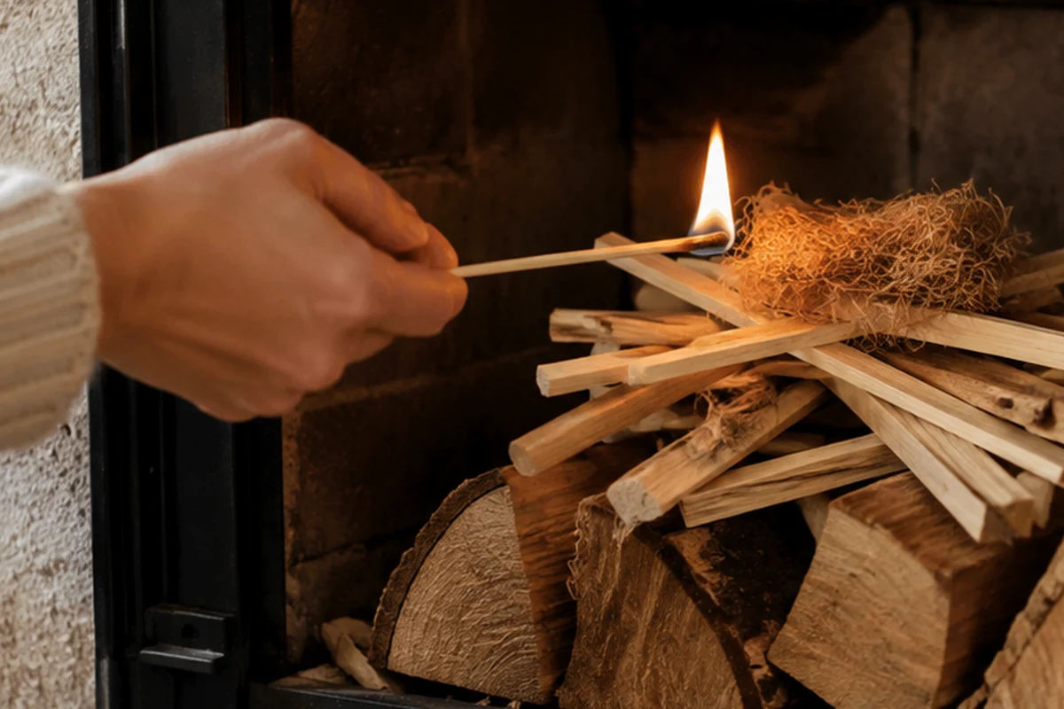 Allume-feu solide enflammé au-dessus de bois sec dans une cheminée