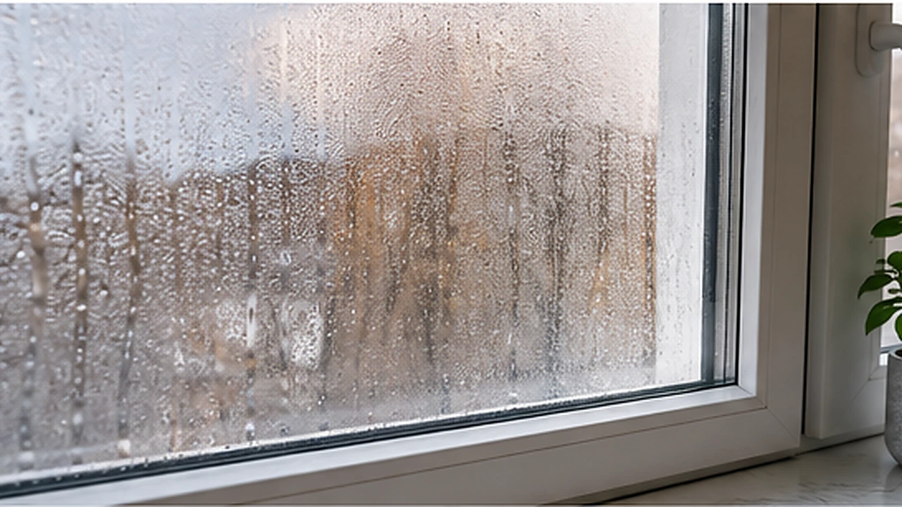 Condensation fenêtre visible sur le vitrage intérieur d’une vraie fenêtre de logement avec gouttelettes d’eau