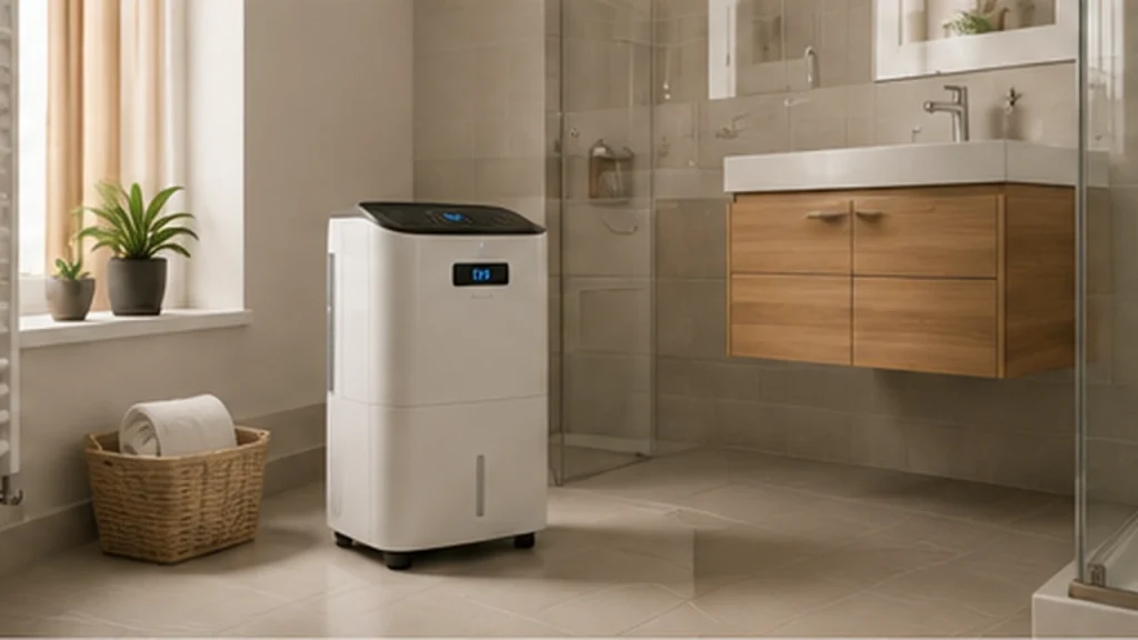 Déshumidificateur pour salle de bain placé sur une zone sèche à distance de la douche