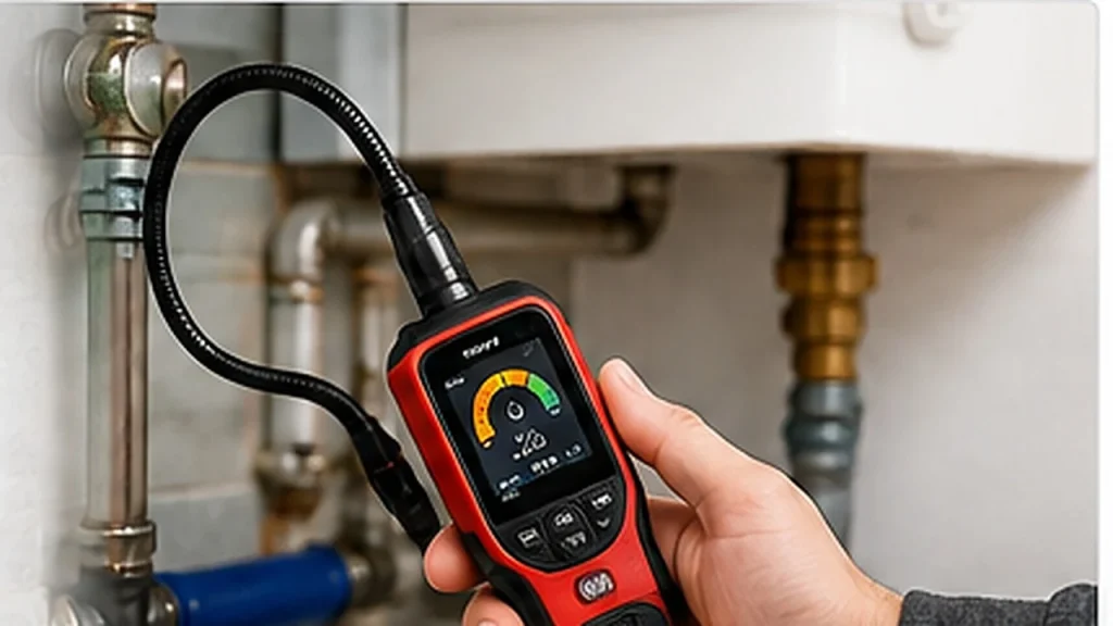 Détecteur de fuite de gaz portable utilisé près d’une canalisation domestique accessible