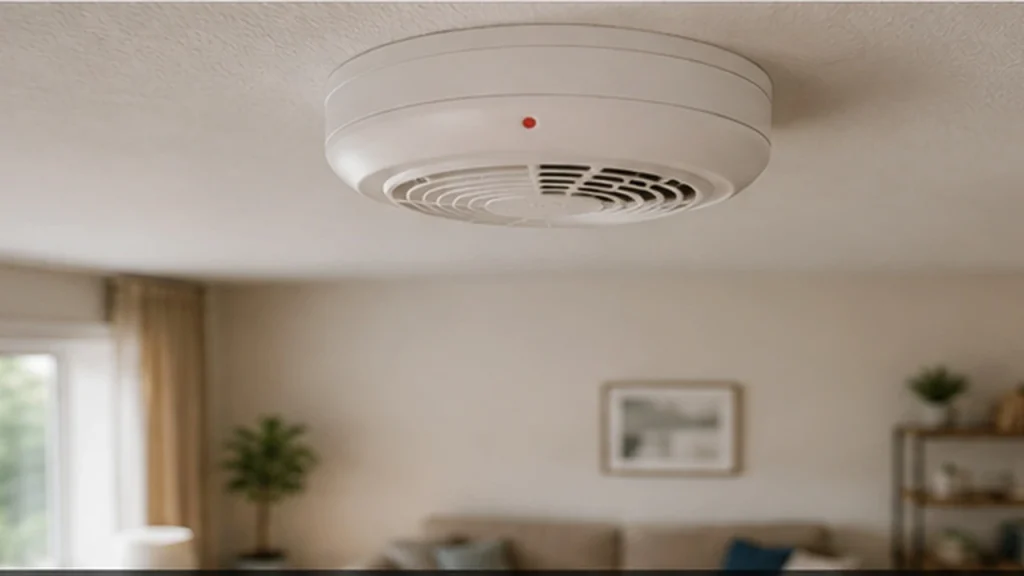 Détecteur de fumée obligatoire installé au plafond dans un logement réel