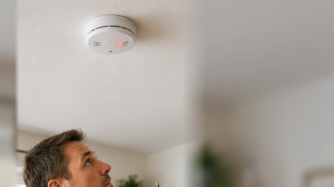 Détecteur de fumée qui bip avec voyant rouge pendant qu’une personne cherche la cause dans un logement
