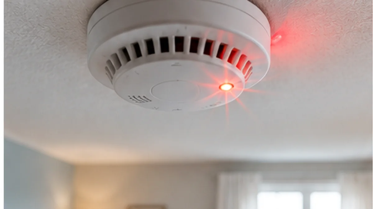 Détecteur de fumée clignote rouge et sonne avec LED rouge visible dans une pièce de vie