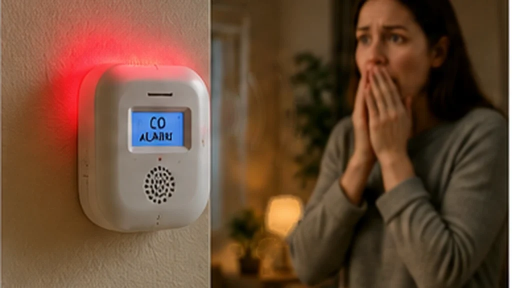 Détecteur de monoxyde de carbone qui sonne avec voyant rouge dans un logement pendant qu’une personne réagit à l’alarme