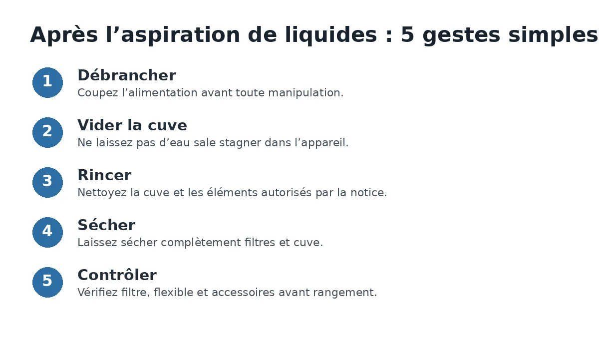 Entretien d’un aspirateur eau et poussière après aspiration de liquides