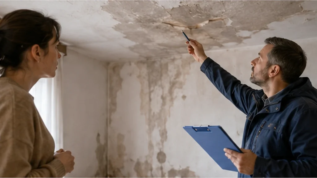 Astuce expertise dégât des eaux : expert inspectant des dommages d’humidité avec un dossier dans un logement