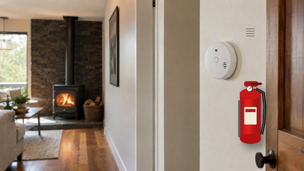 Extincteur maison rouge installé près d’une issue dans un intérieur domestique