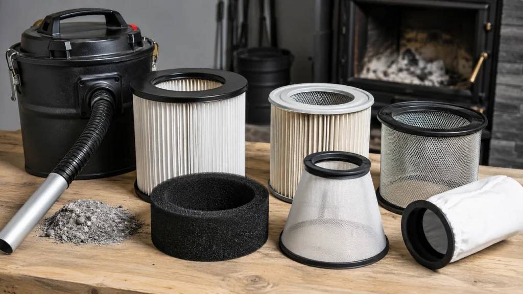 Ensemble de filtres pour aspirateur à cendres avec aspirateur noir près d’une cheminée et cendres froides.
