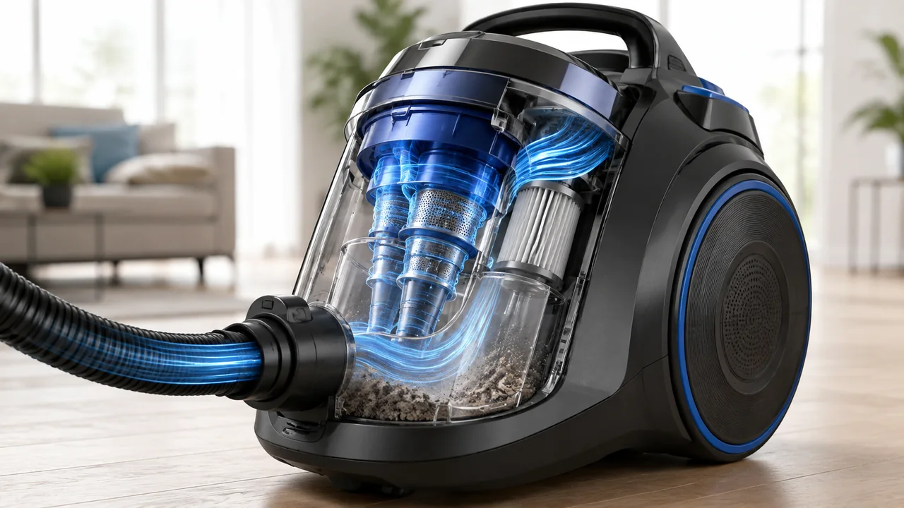 Fonctionnement cyclonique d’un aspirateur sans sac avec filtration
