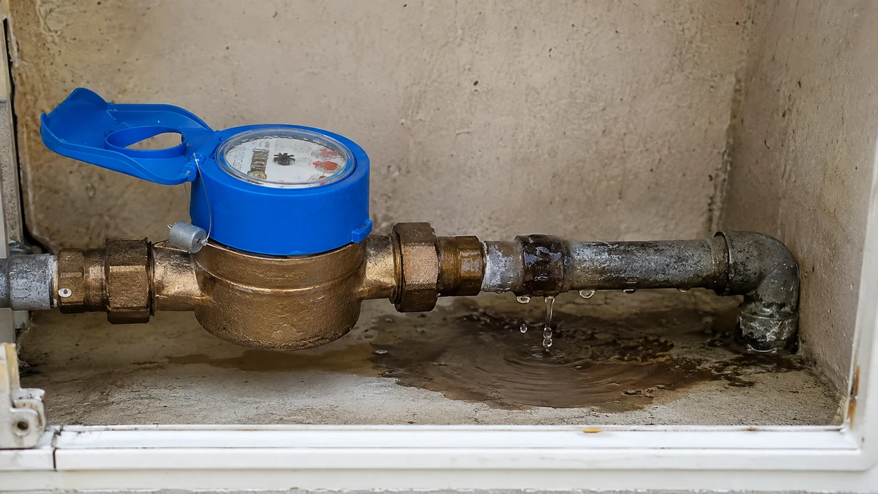 Compteur d’eau domestique identifiable avec fuite sur un raccord situé après compteur