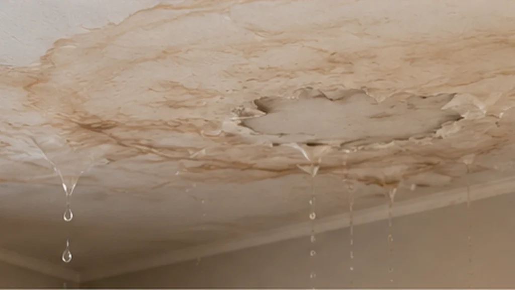 Fuite d'eau plafond danger : auréole et gouttes visibles sur un plafond de logement
