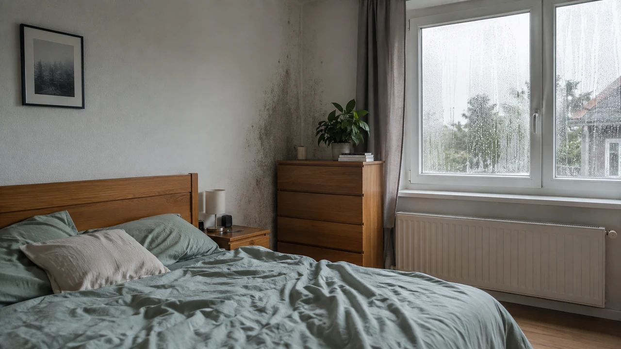 Humidité chambre : vraie chambre avec condensation sur la fenêtre et traces d’humidité sur un mur