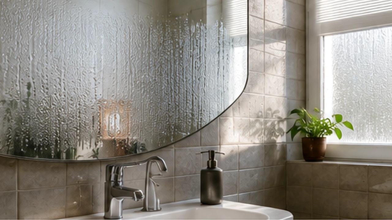 Humidité salle de bain avec condensation visible sur une fenêtre et un miroir dans une vraie salle de bain