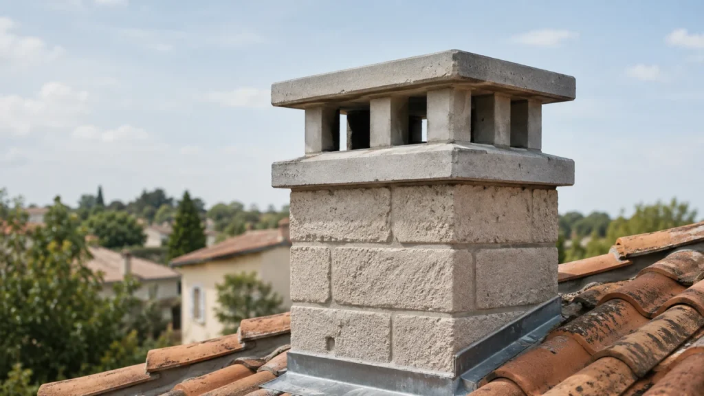 Conduit de cheminée sur toiture, contexte d’entretien et de ramonage d’un poêle à bois