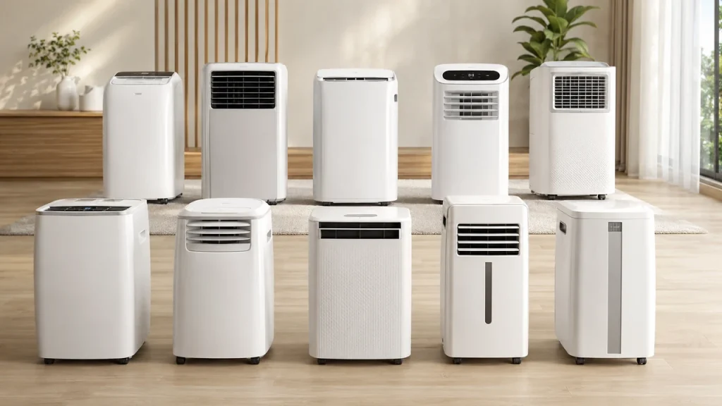 Climatiseurs mobiles dans un intérieur lumineux — comparatif silencieux 2026