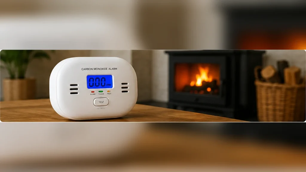Détecteur de monoxyde de carbone avec écran dans un intérieur équipé d’un poêle à bois