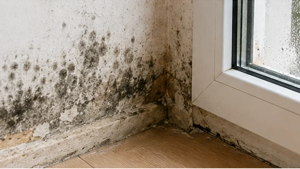 Moisissure mur intérieur visible autour d’un angle et d’une fenêtre avec taches sombres crédibles