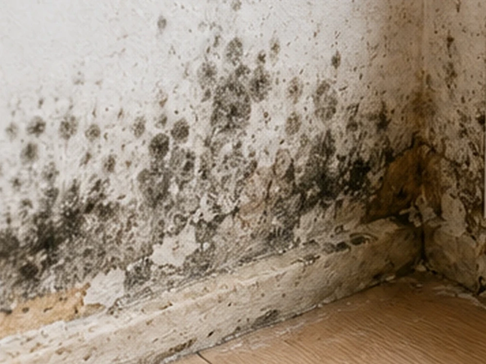Détail de moisissure mur avec taches sombres irrégulières sur peinture et enduit