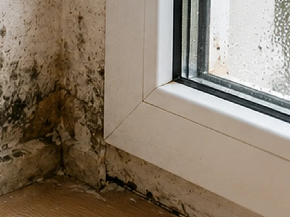 Moisissure mur près d’une fenêtre avec condensation visible sur le vitrage
