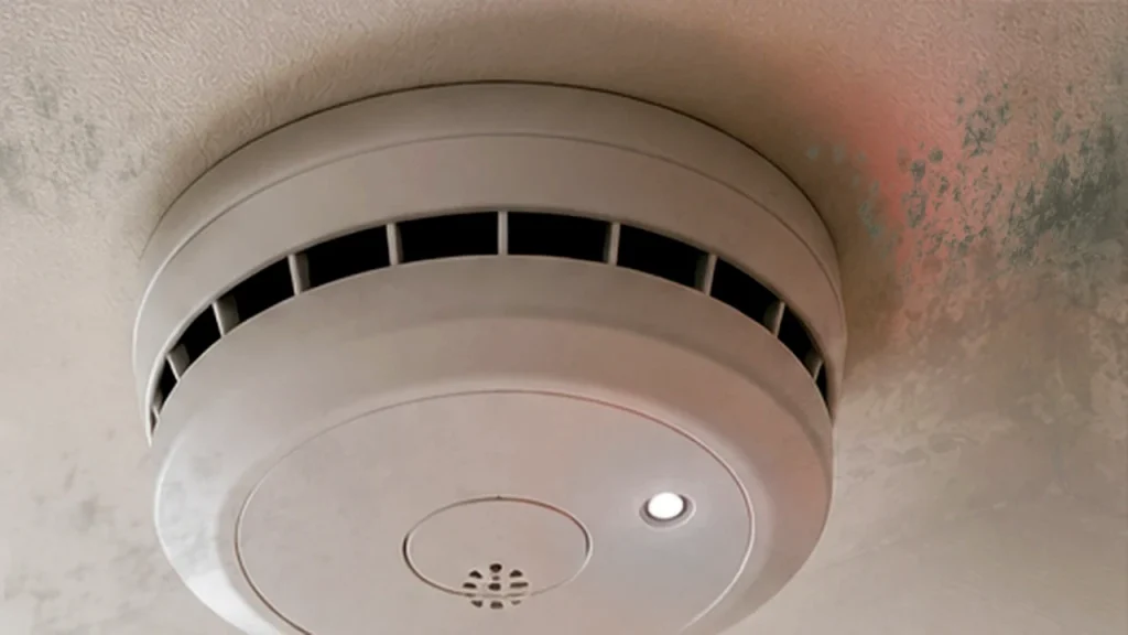 Moisissure plafond visible autour d’un équipement fixé sur un plafond intérieur