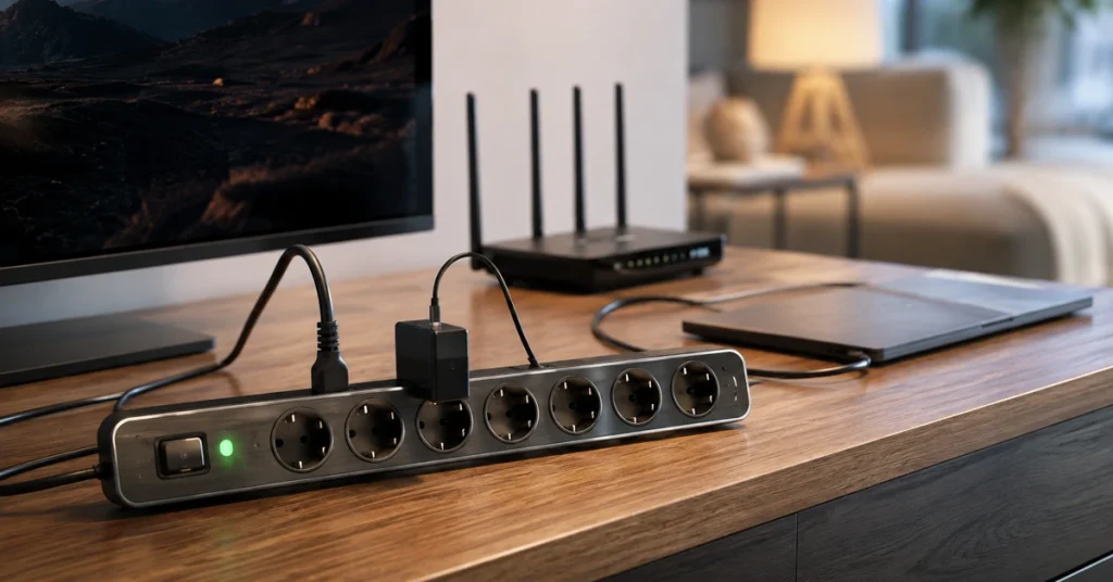 Multiprise parafoudre dans un bureau avec appareils électroniques