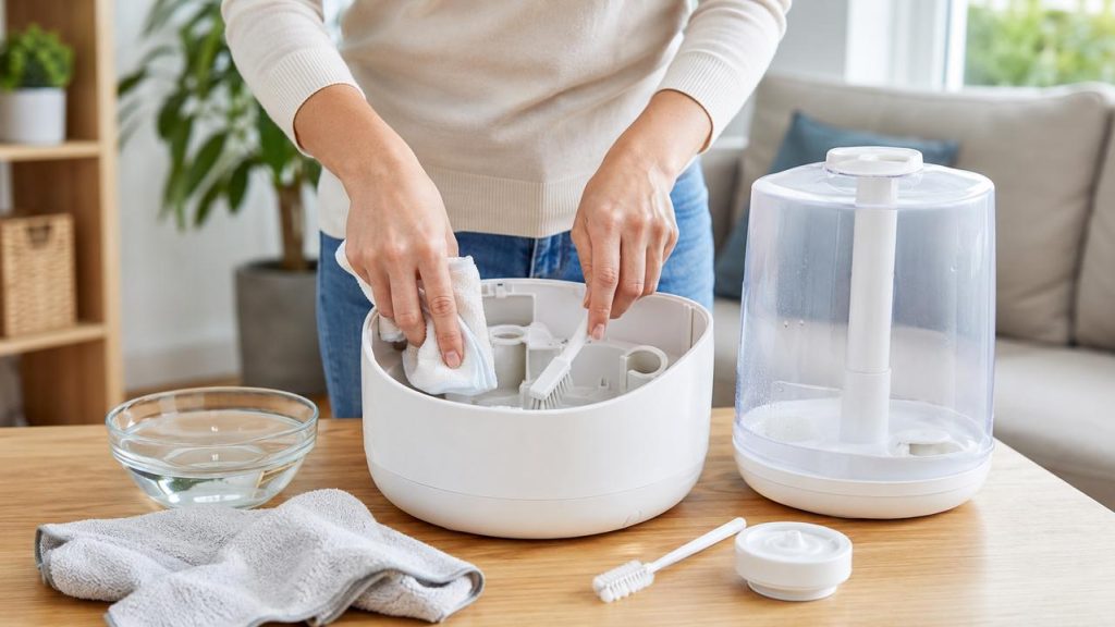 Nettoyer un humidificateur d’air avec un chiffon et une brosse douce