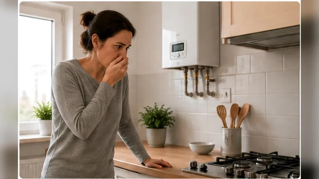 Odeur de gaz mais pas de fuite dans une cuisine avec appareil au gaz et personne inquiète