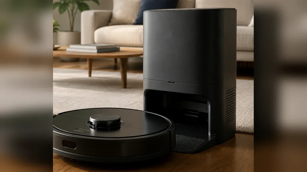 Station de robot aspirateur placée dans un salon sur un sol dur et dégagé
