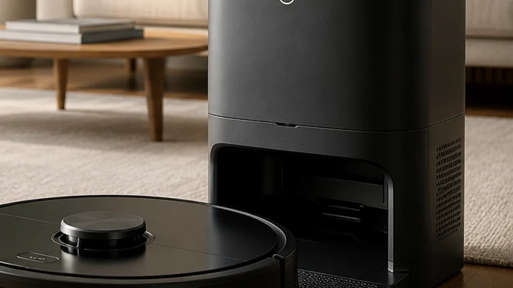 Robot aspirateur sur sa station de charge dans un salon moderne