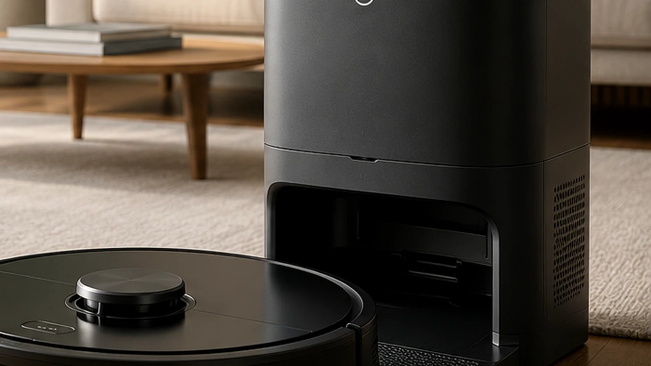 Robot aspirateur sur sa station de charge dans un salon moderne