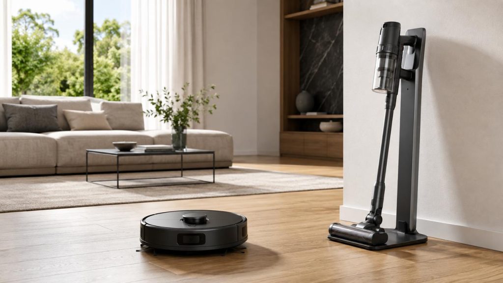 Robot aspirateur ou aspirateur balai dans un salon moderne