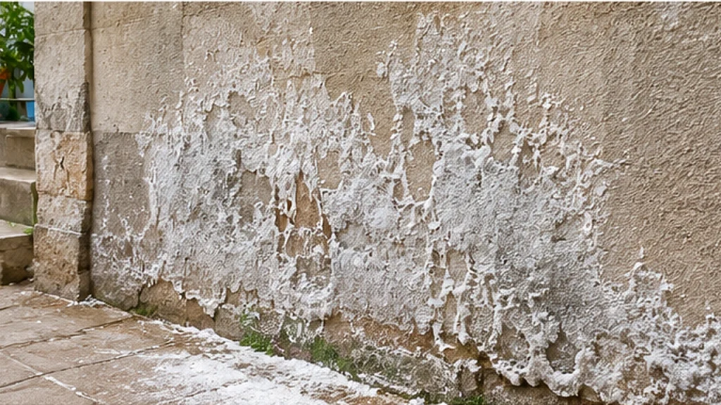 Salpêtre mur avec dépôts blancs d’efflorescences visibles sur une maçonnerie enduite