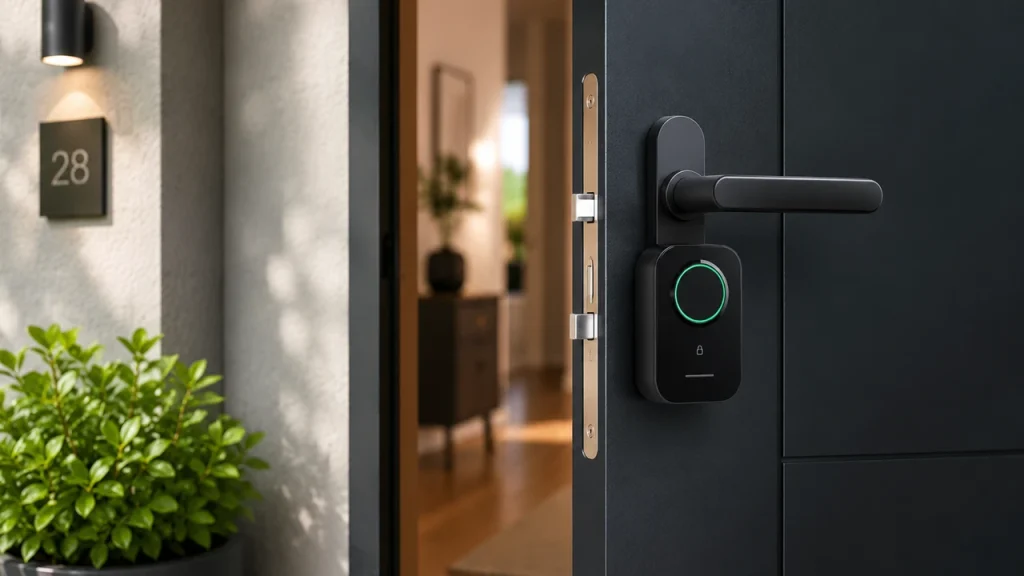 Serrure connectée installée sur la face intérieure d’une porte d’entrée moderne