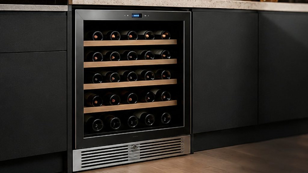 Température cave à vin affichée sur une cave électrique avec bouteilles dans une cuisine moderne