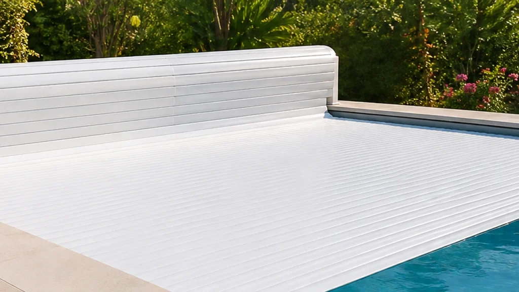Volet roulant piscine à lames blanches couvrant un bassin extérieur
